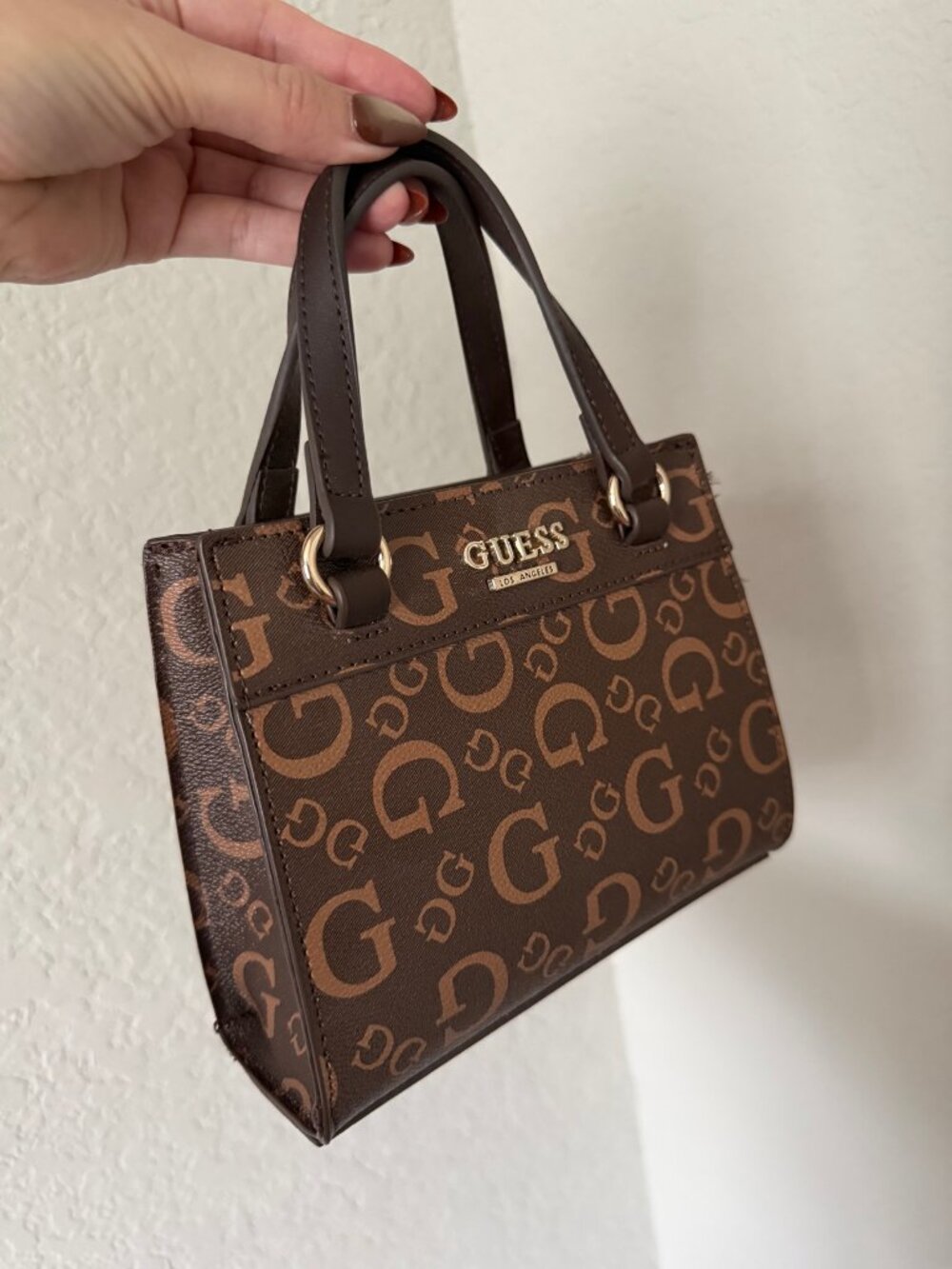 Guess Mini Top Handle Tote Brown Logo Monogram Satchel Gold Hardware